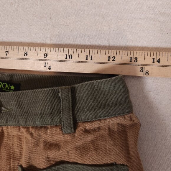 Tunnel Vision Patchwork Jeans Womens Medium Green Tan Flare Skater Streetware - Picture 4 of 14